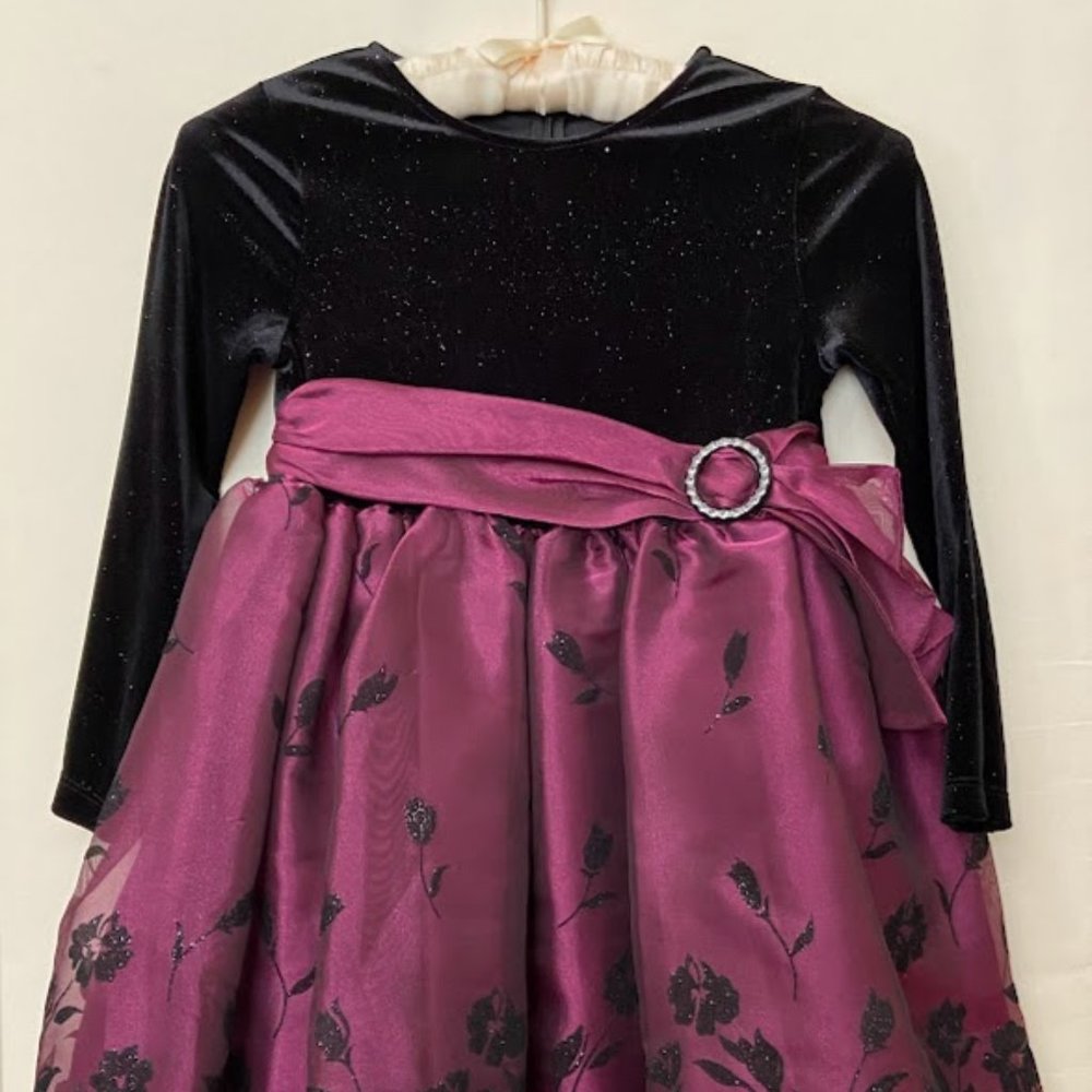 Bonnie Jean - Black and Magenta Long Sleeve Dress w/ Embroidered Flowers